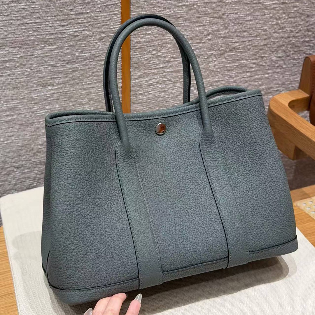 Hermes Garden Party 30 Bag Handmade In Negonda Calfskin Leather Silver Hardware 63 Vert Amanda - Image 2