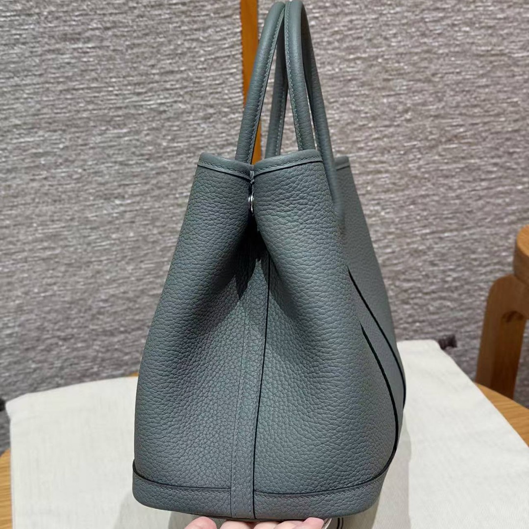 Hermes Garden Party 30 Bag Handmade In Negonda Calfskin Leather Silver Hardware 63 Vert Amanda - Image 18