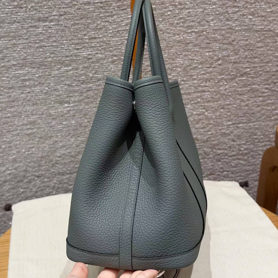 Hermes Garden Party 30 Bag Handmade In Negonda Calfskin Leather Silver Hardware 63 Vert Amanda - Image 17