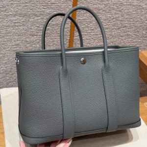 Hermes Garden Party 30 Bag Handmade In Negonda Calfskin Leather Silver Hardware 63 Vert Amanda - Image 11