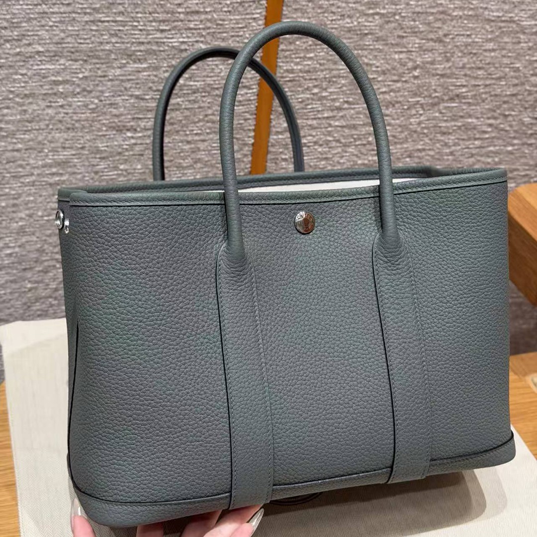 Hermes Garden Party 30 Bag Handmade In Negonda Calfskin Leather Silver Hardware 63 Vert Amanda - Image 11