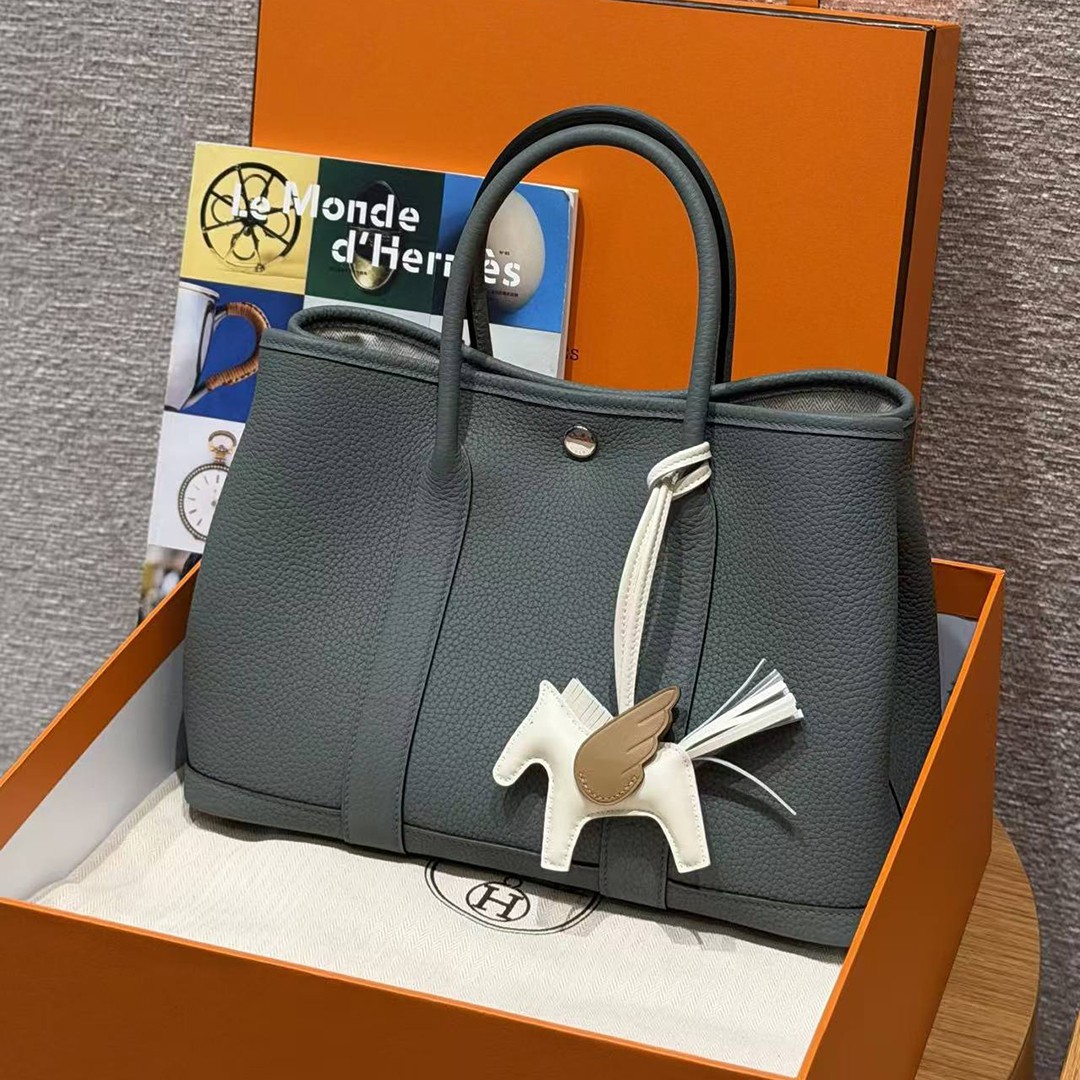 Hermes Garden Party 30 Bag Handmade In Negonda Calfskin Leather Silver Hardware 63 Vert Amanda - Image 3