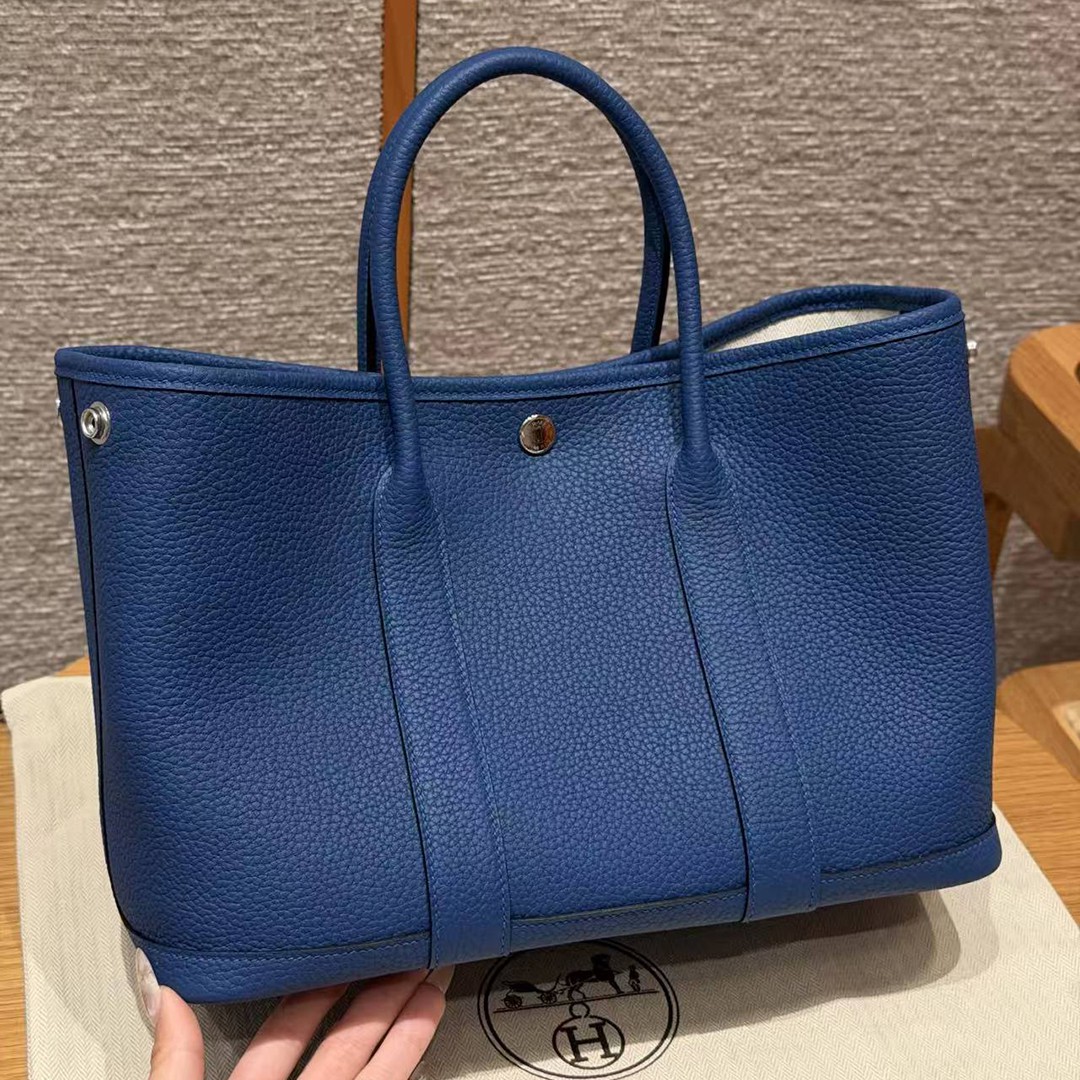Hermes Garden Party 30 Bag Handmade In Negonda Calfskin Leather Silver Hardware 73 Bluesaphir - Image 16