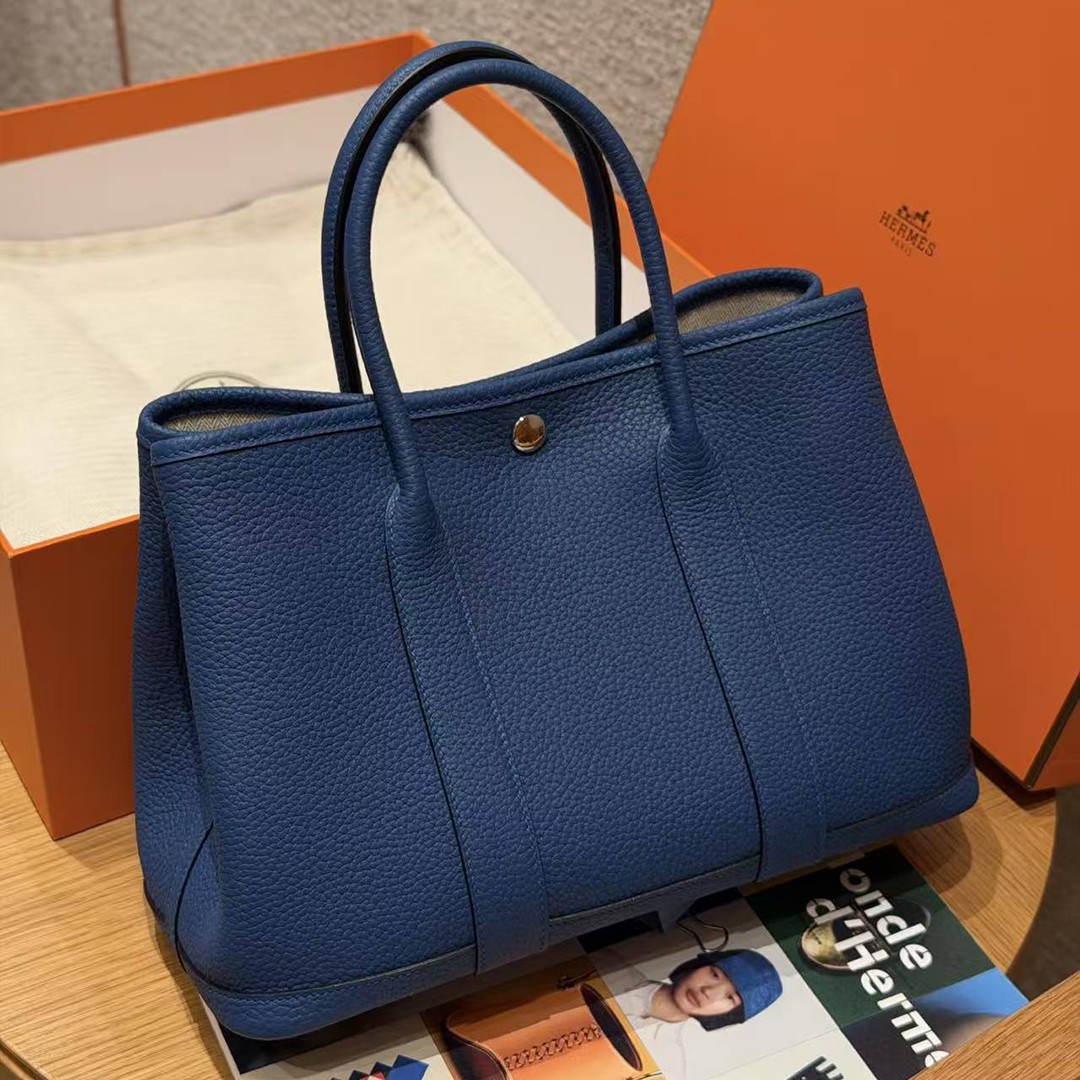 Hermes Garden Party 30 Bag Handmade In Negonda Calfskin Leather Silver Hardware 73 Bluesaphir - Image 3