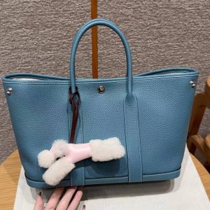 Hermes Garden Party 30 Bag Handmade In Vache Country Calfskin Leather Silver Hardware 75 Blue Jean - Image 2