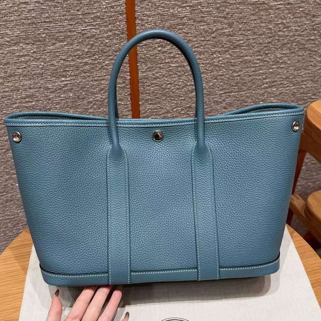 Hermes Garden Party 30 Bag Handmade In Vache Country Calfskin Leather Silver Hardware 75 Blue Jean - Image 16