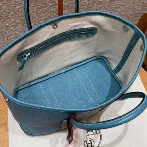 Hermes Garden Party 30 Bag Handmade In Vache Country Calfskin Leather Silver Hardware 75 Blue Jean - Image 13