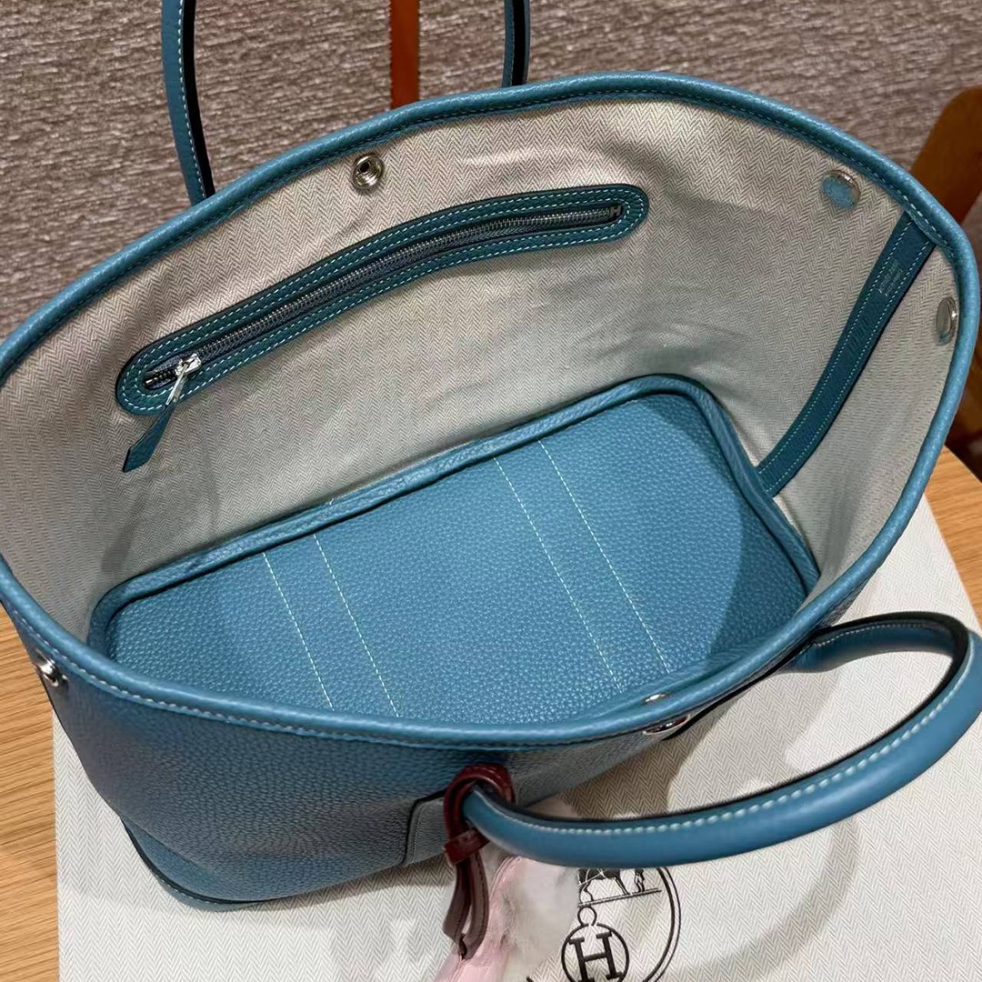 Hermes Garden Party 30 Bag Handmade In Vache Country Calfskin Leather Silver Hardware 75 Blue Jean - Image 13