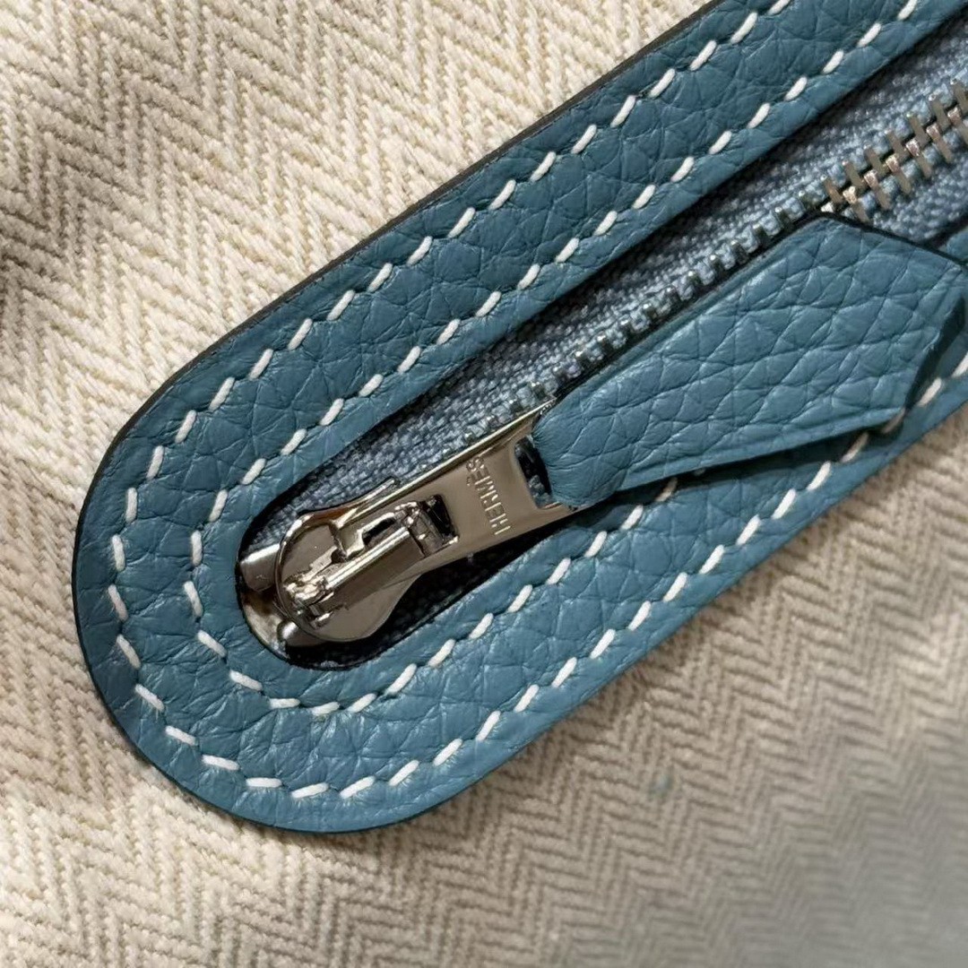 Hermes Garden Party 30 Bag Handmade In Vache Country Calfskin Leather Silver Hardware 75 Blue Jean - Image 10