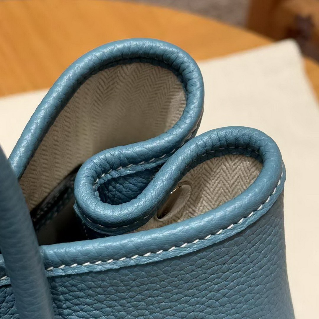 Hermes Garden Party 30 Bag Handmade In Vache Country Calfskin Leather Silver Hardware 75 Blue Jean - Image 6