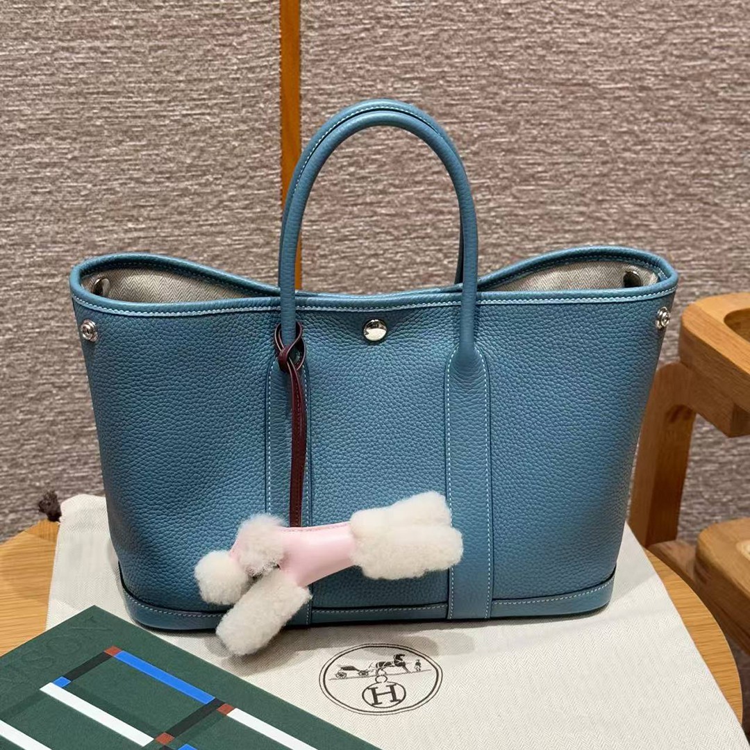 Hermes Garden Party 30 Bag Handmade In Vache Country Calfskin Leather Silver Hardware 75 Blue Jean - Image 3