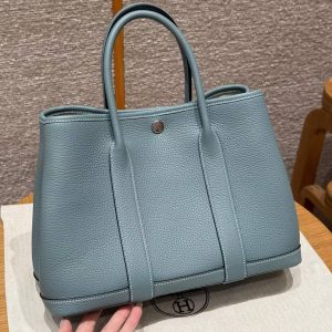 Hermes Garden Party 30 Bag Handmade In Negonda Calfskin Leather Silver Hardware 7G Ciel