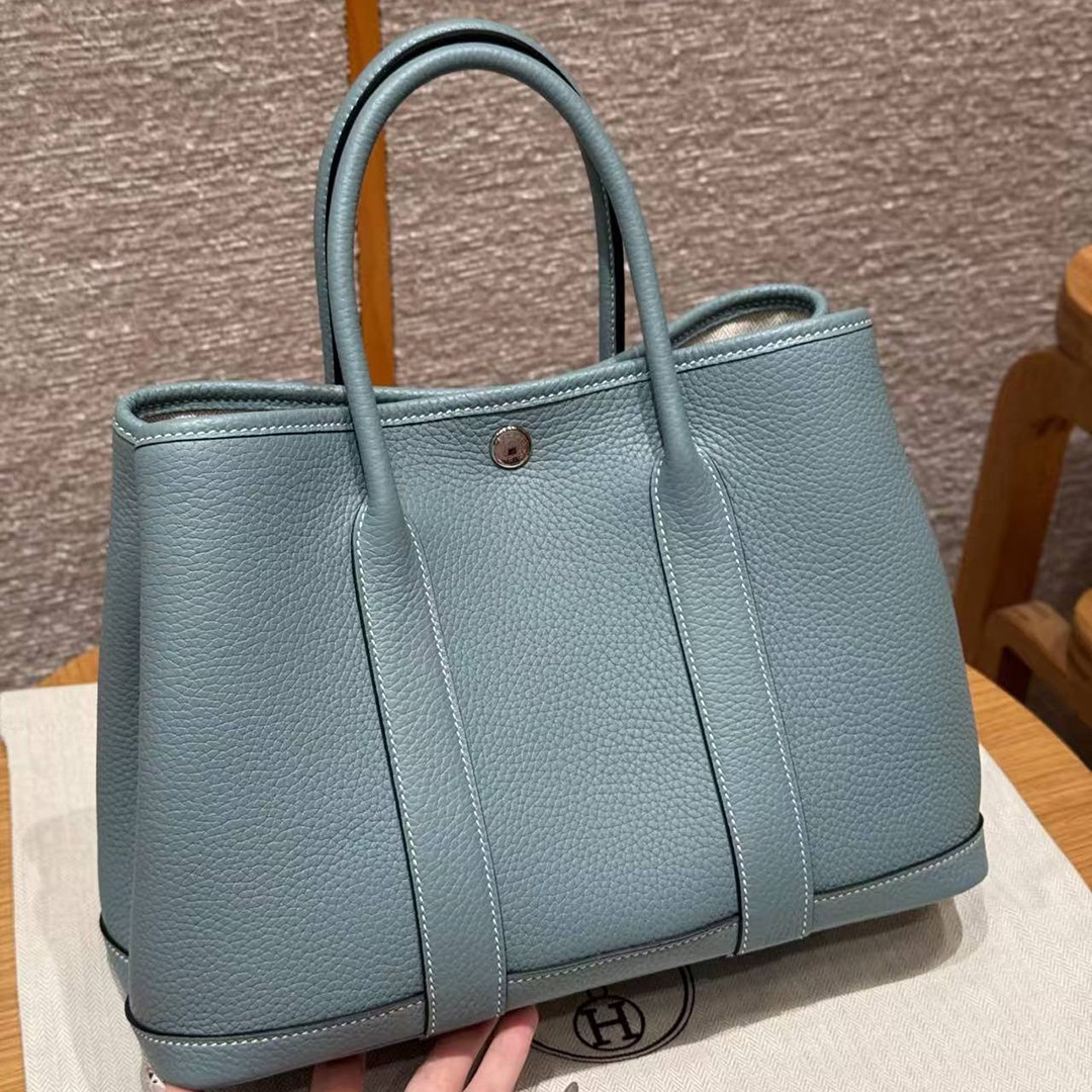 Hermes Garden Party 30 Bag Handmade In Negonda Calfskin Leather Silver Hardware 7G Ciel - Image 2