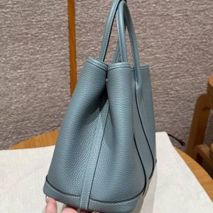 Hermes Garden Party 30 Bag Handmade In Negonda Calfskin Leather Silver Hardware 7G Ciel - Image 17