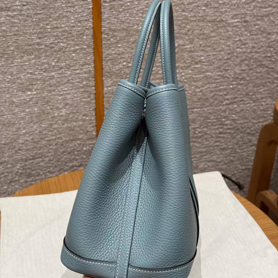 Hermes Garden Party 30 Bag Handmade In Negonda Calfskin Leather Silver Hardware 7G Ciel - Image 16