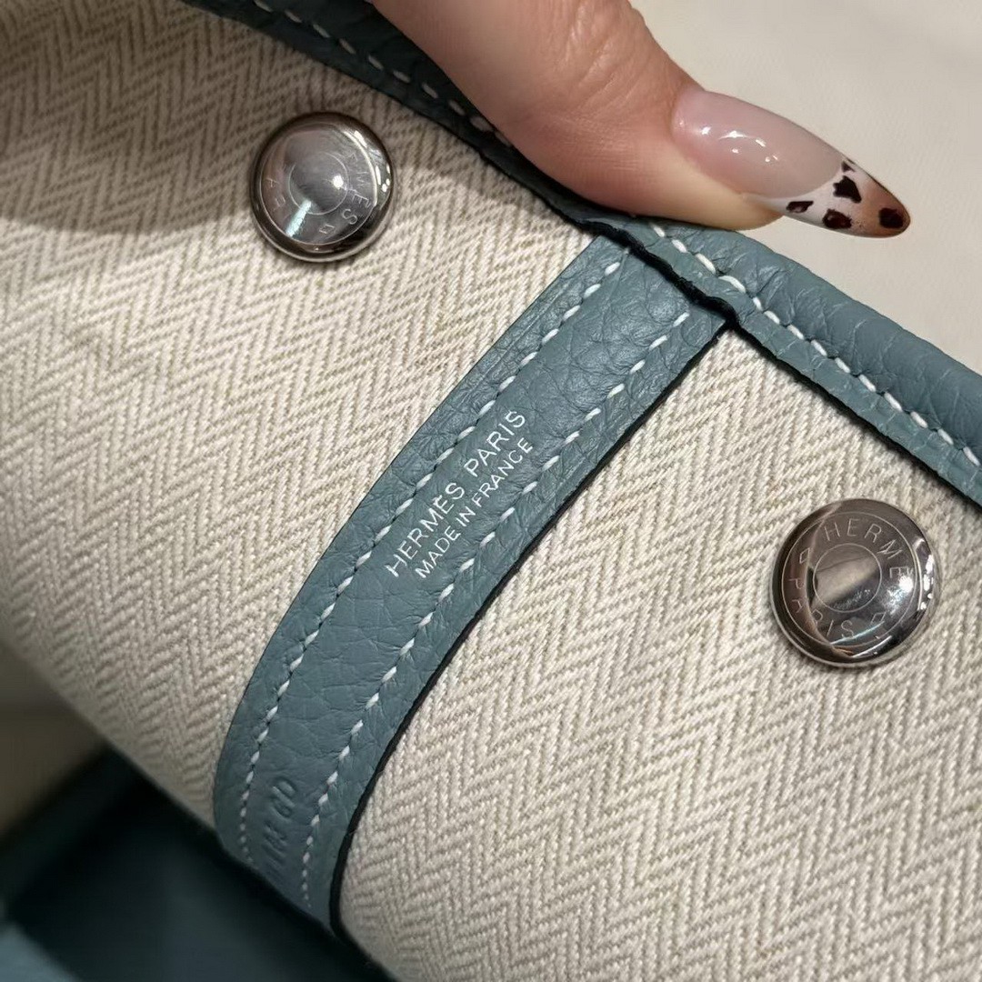 Hermes Garden Party 30 Bag Handmade In Negonda Calfskin Leather Silver Hardware 7G Ciel - Image 13