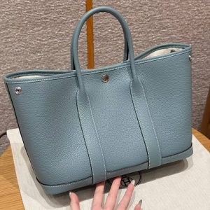 Hermes Garden Party 30 Bag Handmade In Negonda Calfskin Leather Silver Hardware 7G Ciel - Image 10