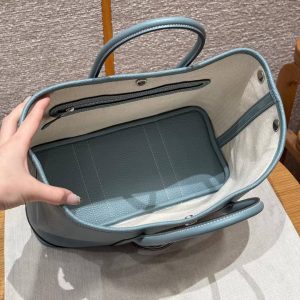 Hermes Garden Party 30 Bag Handmade In Negonda Calfskin Leather Silver Hardware 7G Ciel - Image 9