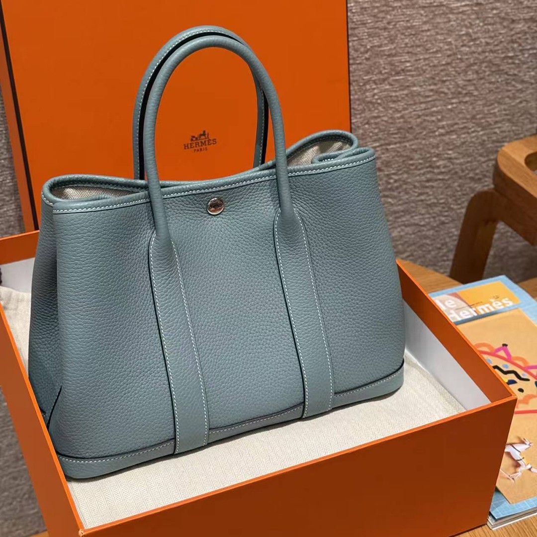 Hermes Garden Party 30 Bag Handmade In Negonda Calfskin Leather Silver Hardware 7G Ciel - Image 4