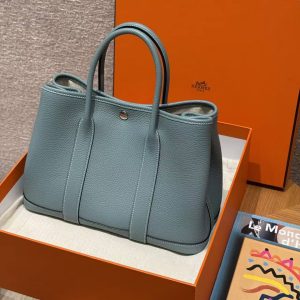 Hermes Garden Party 30 Bag Handmade In Negonda Calfskin Leather Silver Hardware 7G Ciel - Image 3