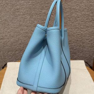 Hermes Garden Party 30 Bag Handmade In Negonda Calfskin Leather Silver Hardware 7N Celeste - Image 2