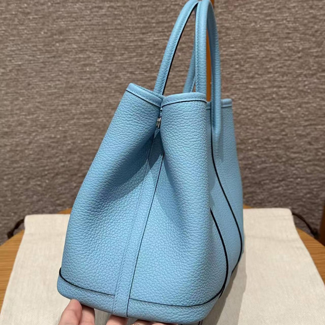 Hermes Garden Party 30 Bag Handmade In Negonda Calfskin Leather Silver Hardware 7N Celeste - Image 2