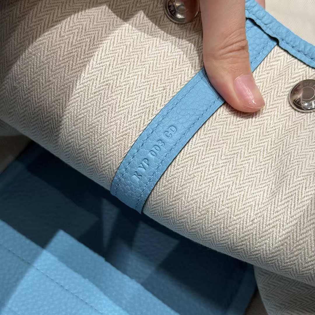 Hermes Garden Party 30 Bag Handmade In Negonda Calfskin Leather Silver Hardware 7N Celeste - Image 14