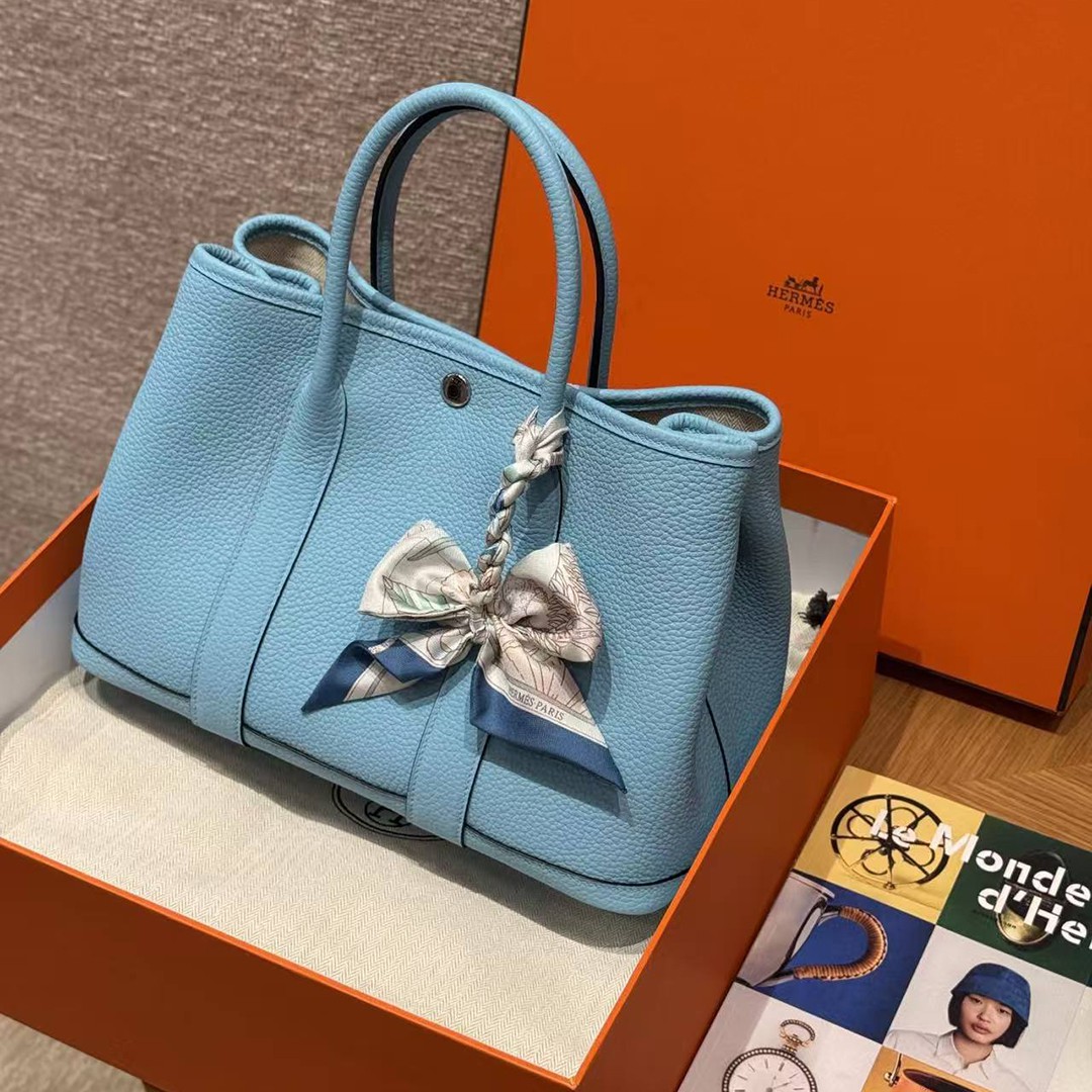 Hermes Garden Party 30 Bag Handmade In Negonda Calfskin Leather Silver Hardware 7N Celeste - Image 12