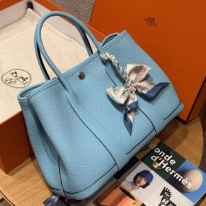 Hermes Garden Party 30 Bag Handmade In Negonda Calfskin Leather Silver Hardware 7N Celeste - Image 11
