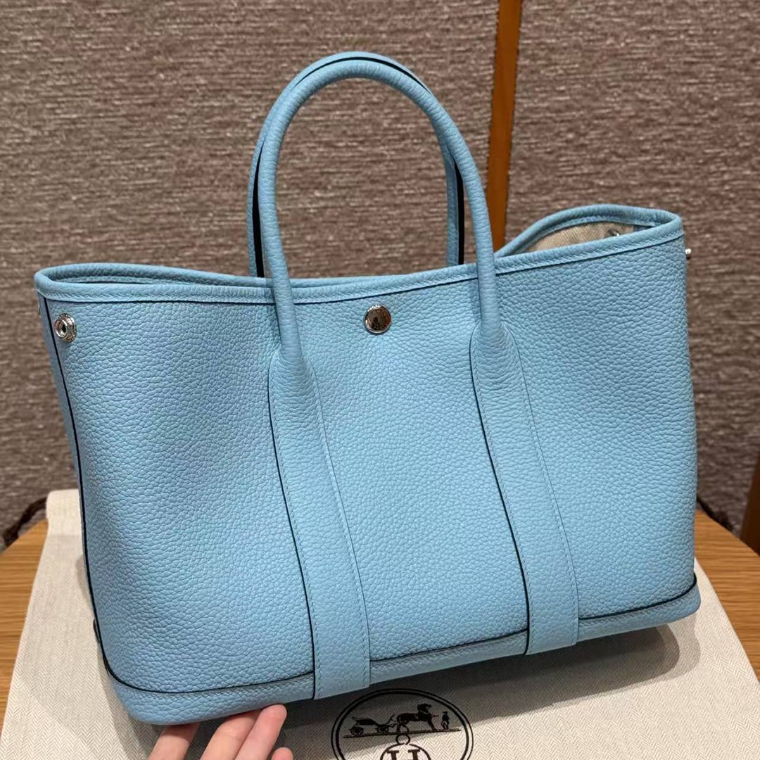Hermes Garden Party 30 Bag Handmade In Negonda Calfskin Leather Silver Hardware 7N Celeste - Image 10