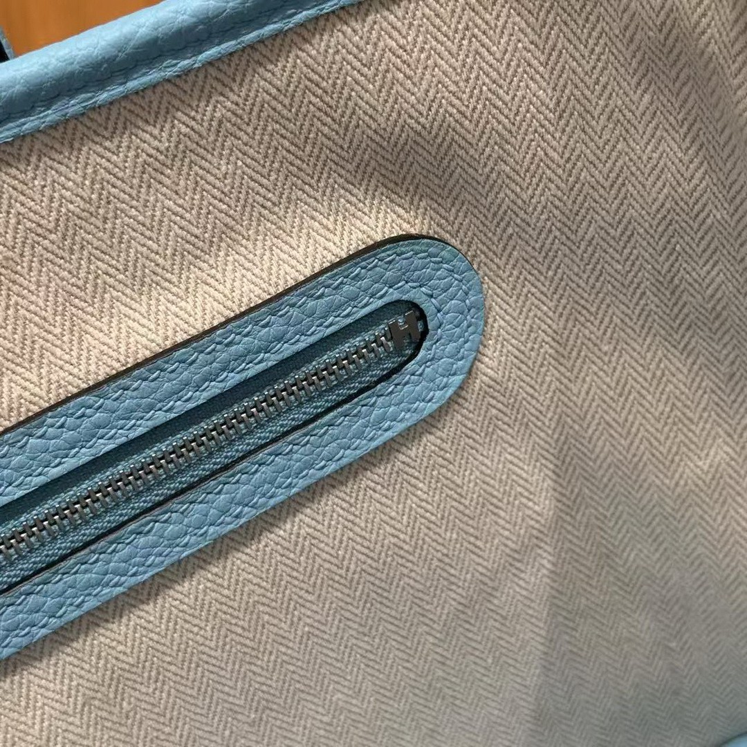 Hermes Garden Party 30 Bag Handmade In Negonda Calfskin Leather Silver Hardware 7N Celeste - Image 4