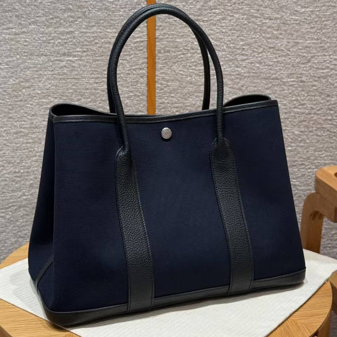 Hermes Garden Party 30 Bag Handmade In Negonda Calfskin Leather And Canvas Silver Hardware 7U Blue Navy Noir