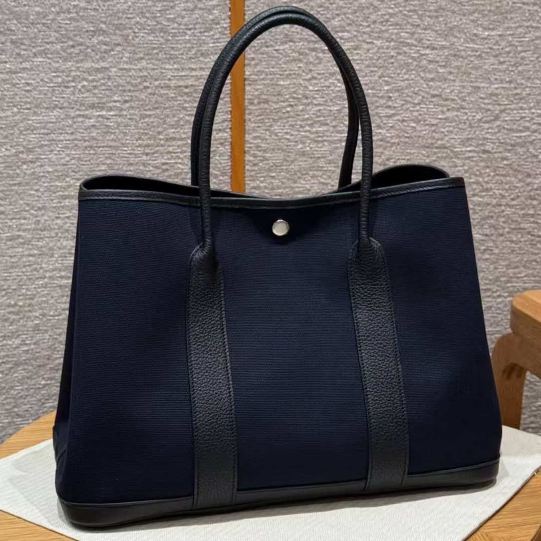 Hermes Garden Party 30 Bag Handmade In Negonda Calfskin Leather And Canvas Silver Hardware 7U Blue Navy Noir - Image 2