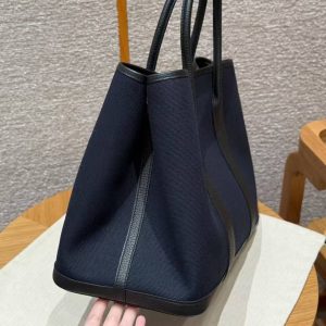 Hermes Garden Party 30 Bag Handmade In Negonda Calfskin Leather And Canvas Silver Hardware 7U Blue Navy Noir - Image 16