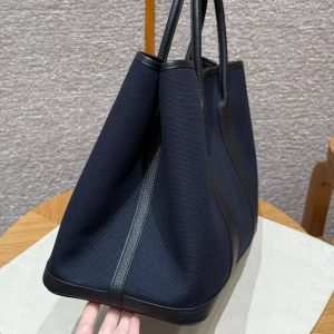 Hermes Garden Party 30 Bag Handmade In Negonda Calfskin Leather And Canvas Silver Hardware 7U Blue Navy Noir - Image 15
