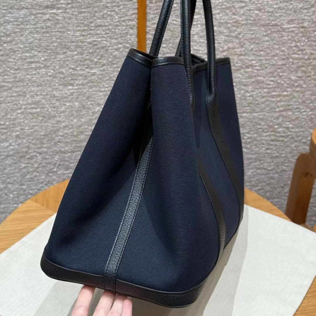 Hermes Garden Party 30 Bag Handmade In Negonda Calfskin Leather And Canvas Silver Hardware 7U Blue Navy Noir - Image 15