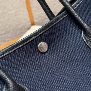 Hermes Garden Party 30 Bag Handmade In Negonda Calfskin Leather And Canvas Silver Hardware 7U Blue Navy Noir - Image 10