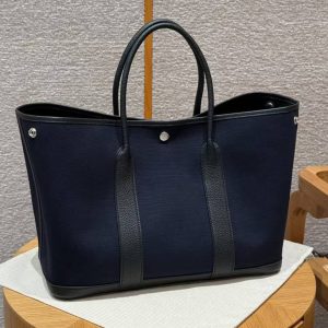 Hermes Garden Party 30 Bag Handmade In Negonda Calfskin Leather And Canvas Silver Hardware 7U Blue Navy Noir - Image 9