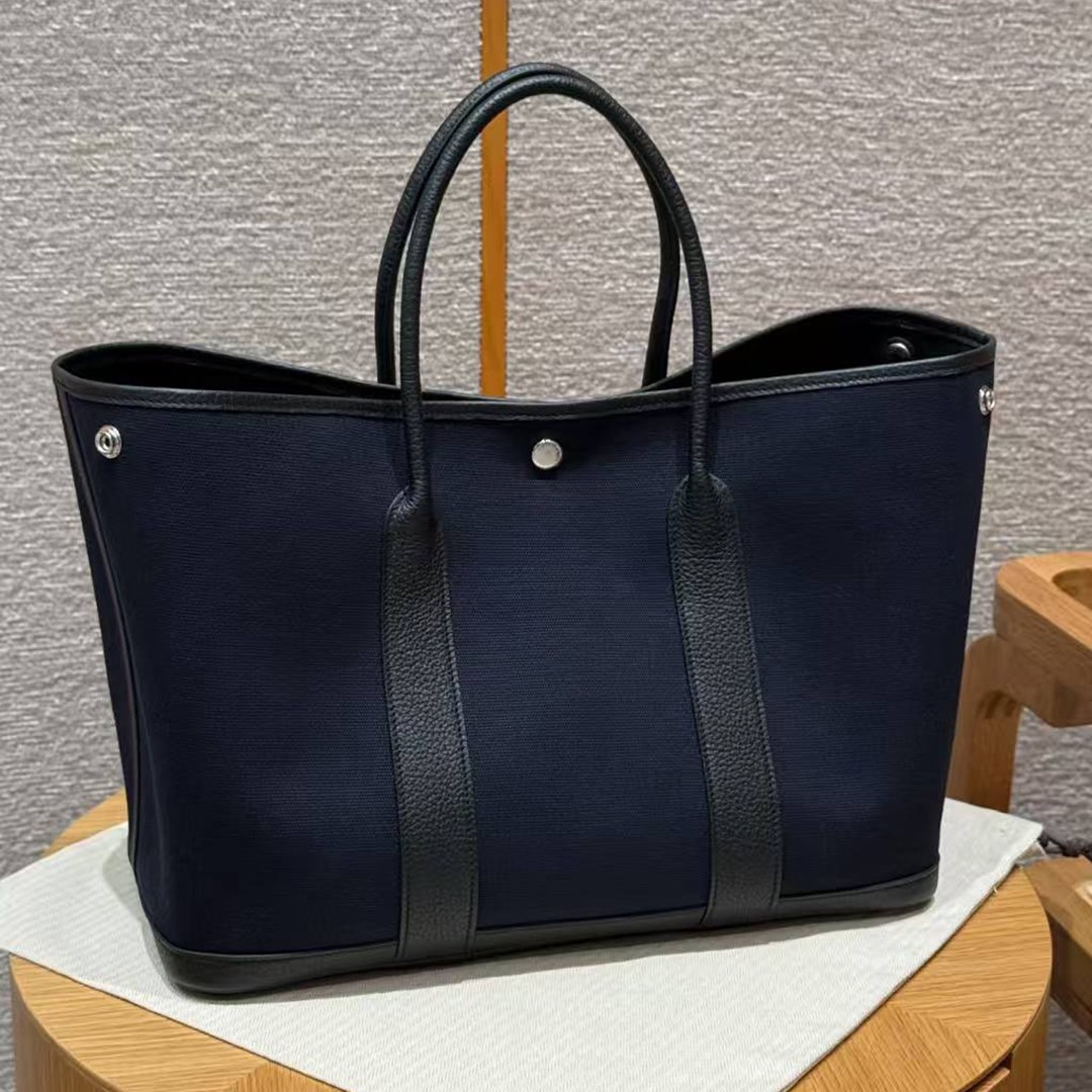 Hermes Garden Party 30 Bag Handmade In Negonda Calfskin Leather And Canvas Silver Hardware 7U Blue Navy Noir - Image 9