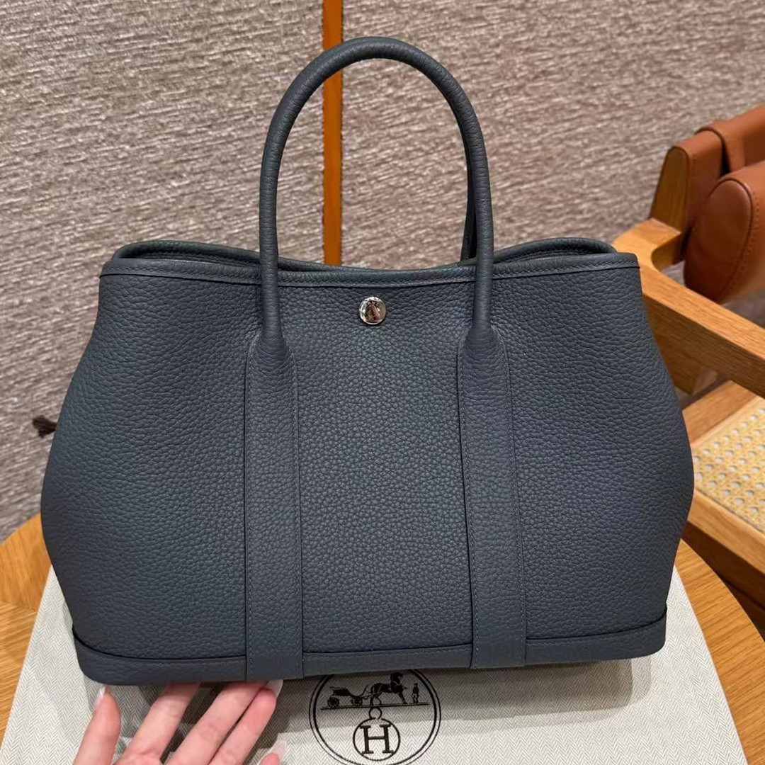 Hermes Garden Party 30 Bag Handmade In Vache Country Calfskin Leather Silver Hardware 85 Ardoise - Image 19