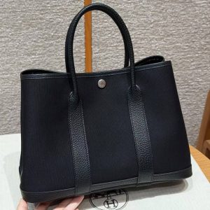 Hermes Garden Party 30 Bag Handmade In Negonda Calfskin Leather And Canvas Silver Hardware 89 Noir