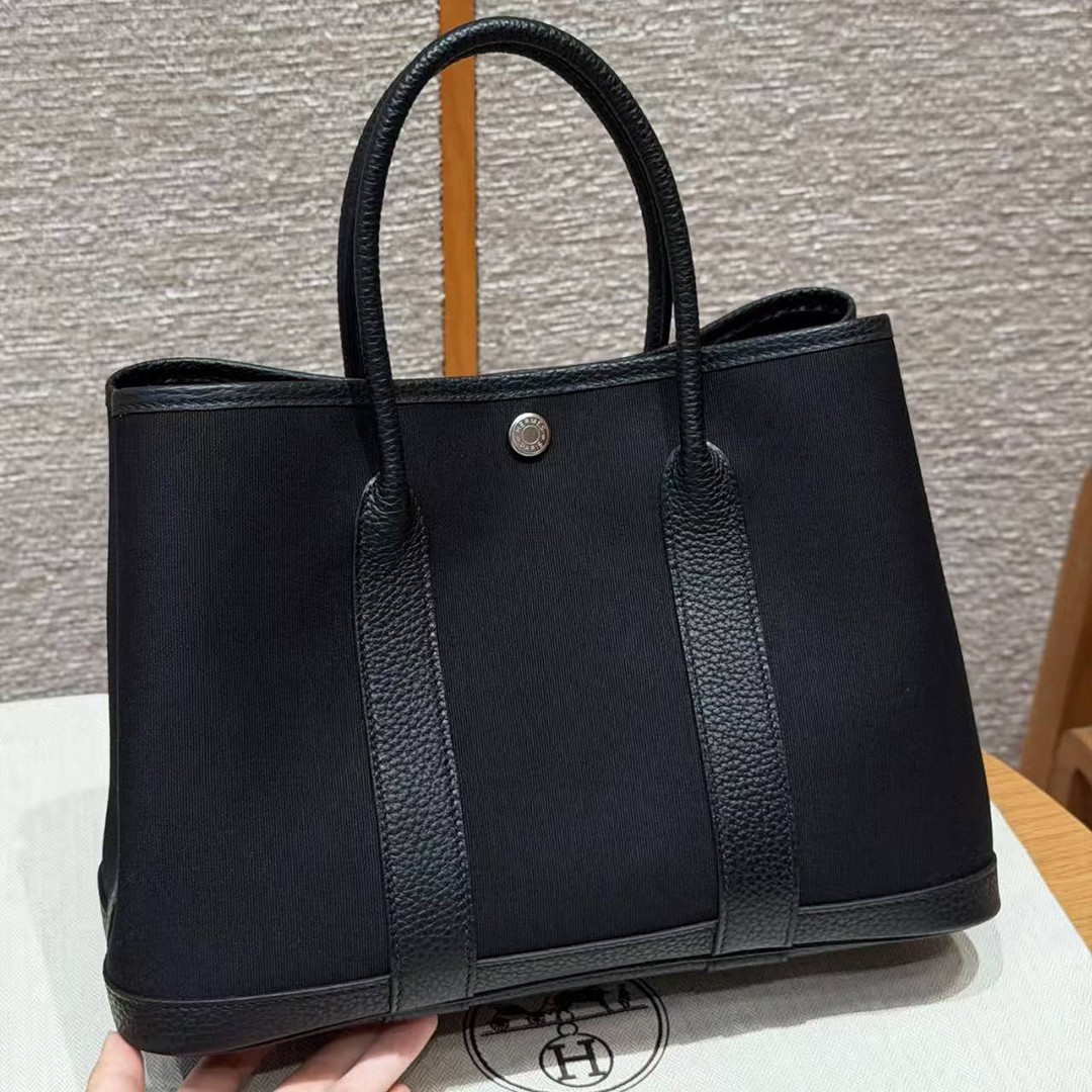 Hermes Garden Party 30 Bag Handmade In Negonda Calfskin Leather And Canvas Silver Hardware 89 Noir