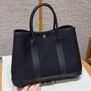 Hermes Garden Party 30 Bag Handmade In Negonda Calfskin Leather And Canvas Silver Hardware 89 Noir - Image 2