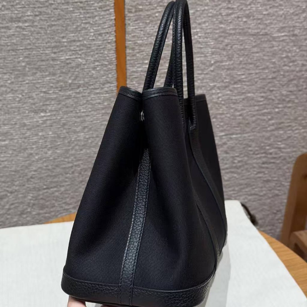 Hermes Garden Party 30 Bag Handmade In Negonda Calfskin Leather And Canvas Silver Hardware 89 Noir - Image 16