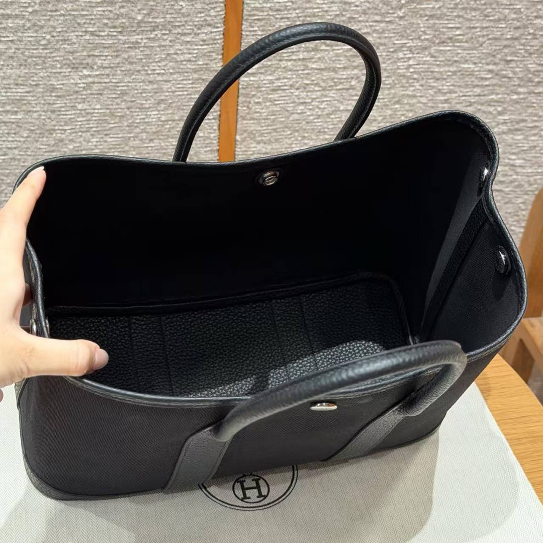 Hermes Garden Party 30 Bag Handmade In Negonda Calfskin Leather And Canvas Silver Hardware 89 Noir - Image 13