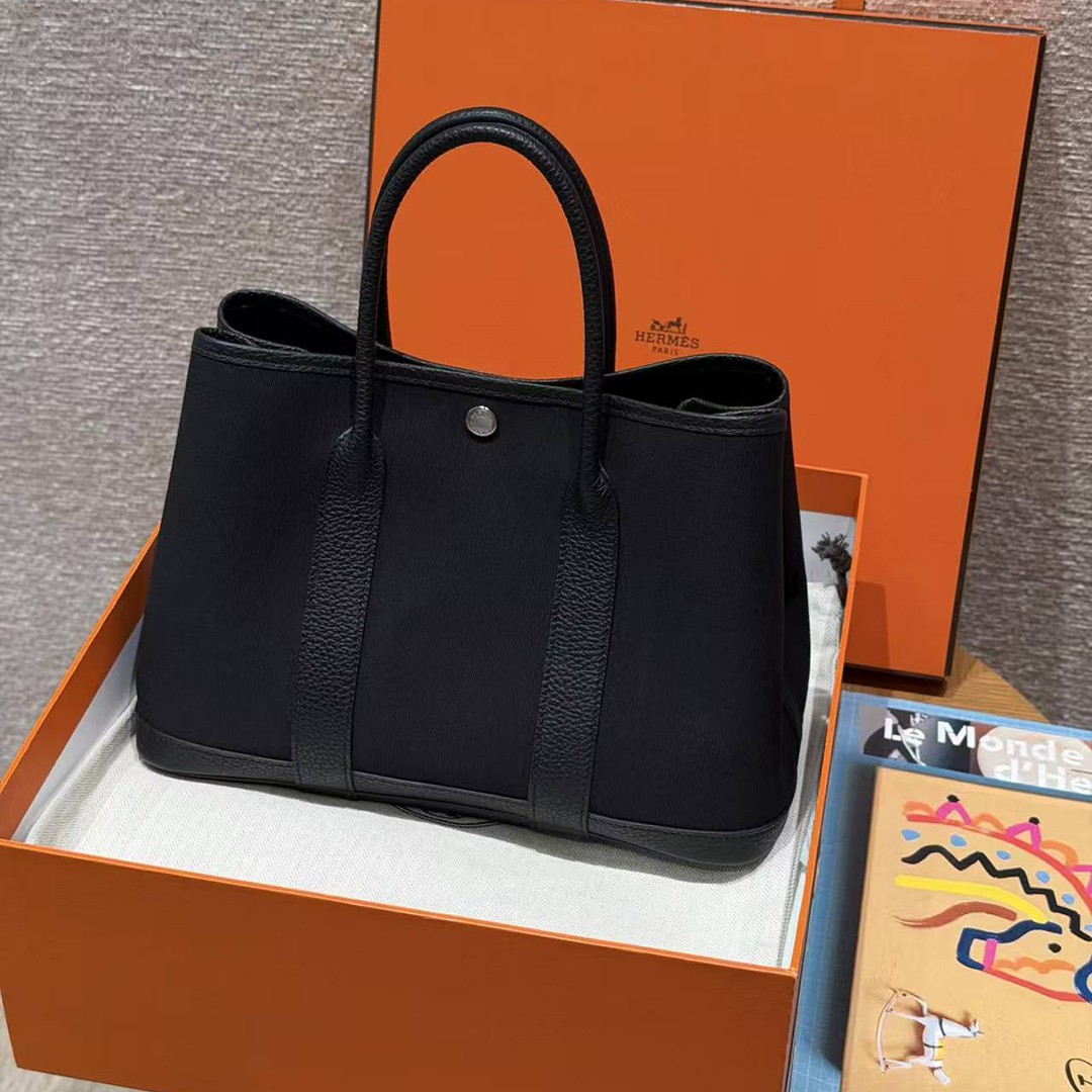 Hermes Garden Party 30 Bag Handmade In Negonda Calfskin Leather And Canvas Silver Hardware 89 Noir - Image 9