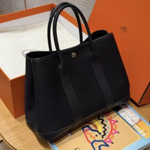 Hermes Garden Party 30 Bag Handmade In Negonda Calfskin Leather And Canvas Silver Hardware 89 Noir - Image 8