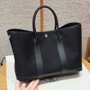 Hermes Garden Party 30 Bag Handmade In Negonda Calfskin Leather And Canvas Silver Hardware 89 Noir - Image 7
