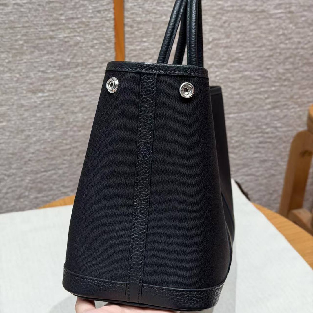 Hermes Garden Party 30 Bag Handmade In Negonda Calfskin Leather And Canvas Silver Hardware 89 Noir - Image 6