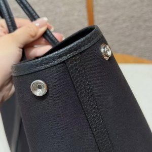 Hermes Garden Party 30 Bag Handmade In Negonda Calfskin Leather And Canvas Silver Hardware 89 Noir - Image 5
